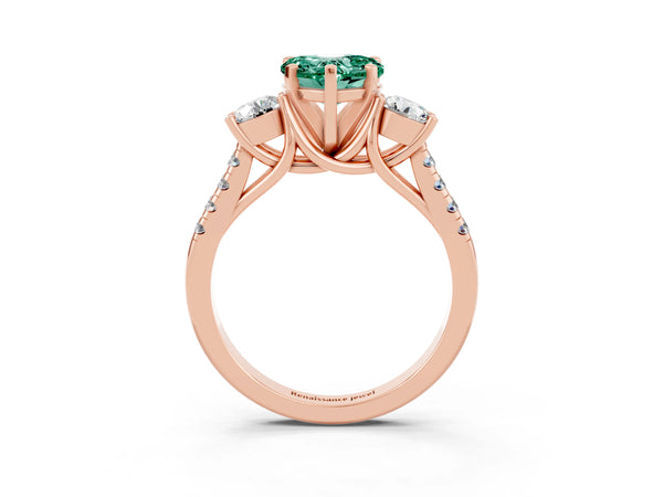 Rose gold Three-Stone Heart Cut Green Sapphire Pavé Band with Four-Prong Setting