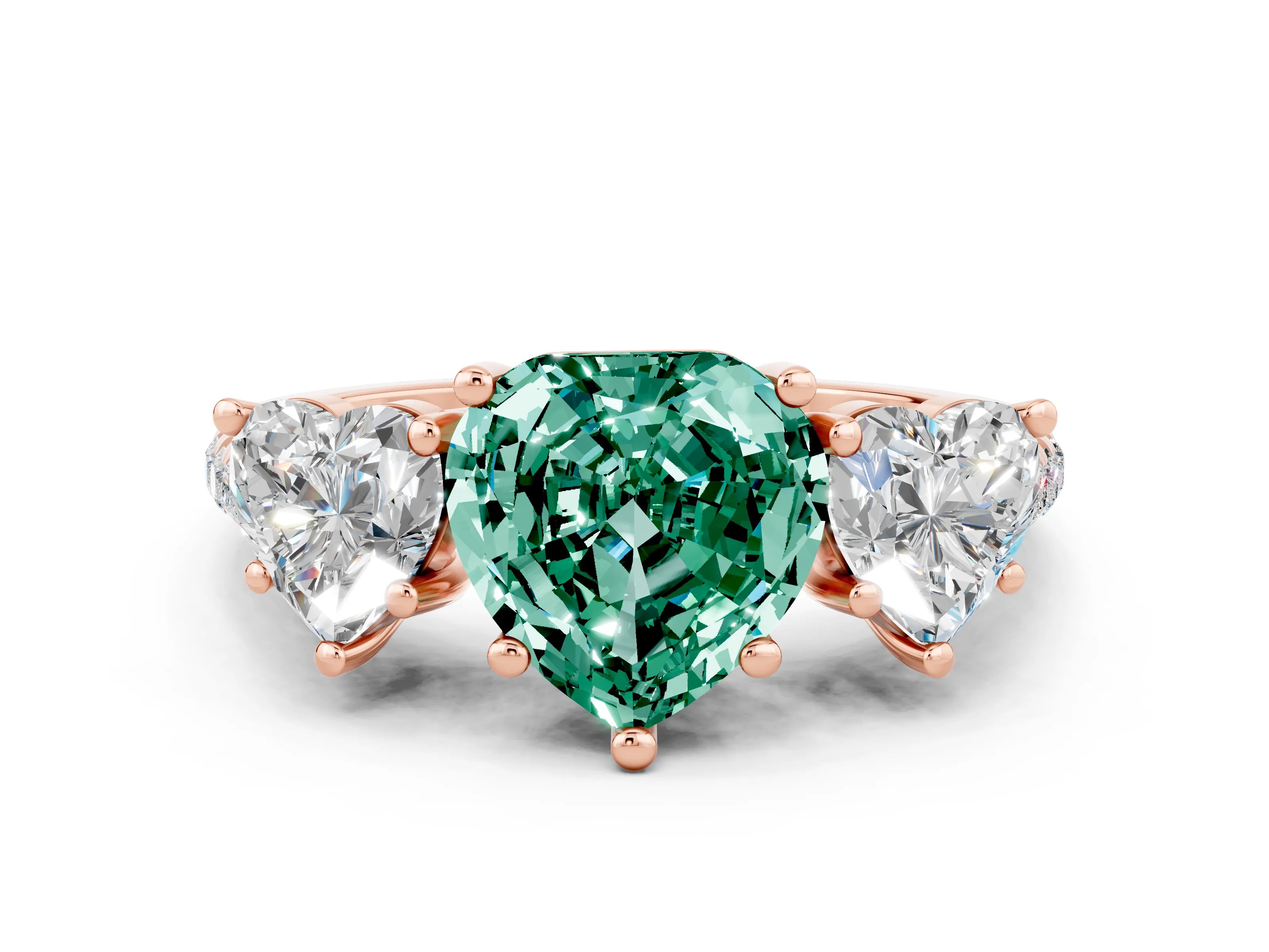 Rose gold Three-Stone Heart Cut Green Sapphire Ring with Pavé Band and Prong Setting_12