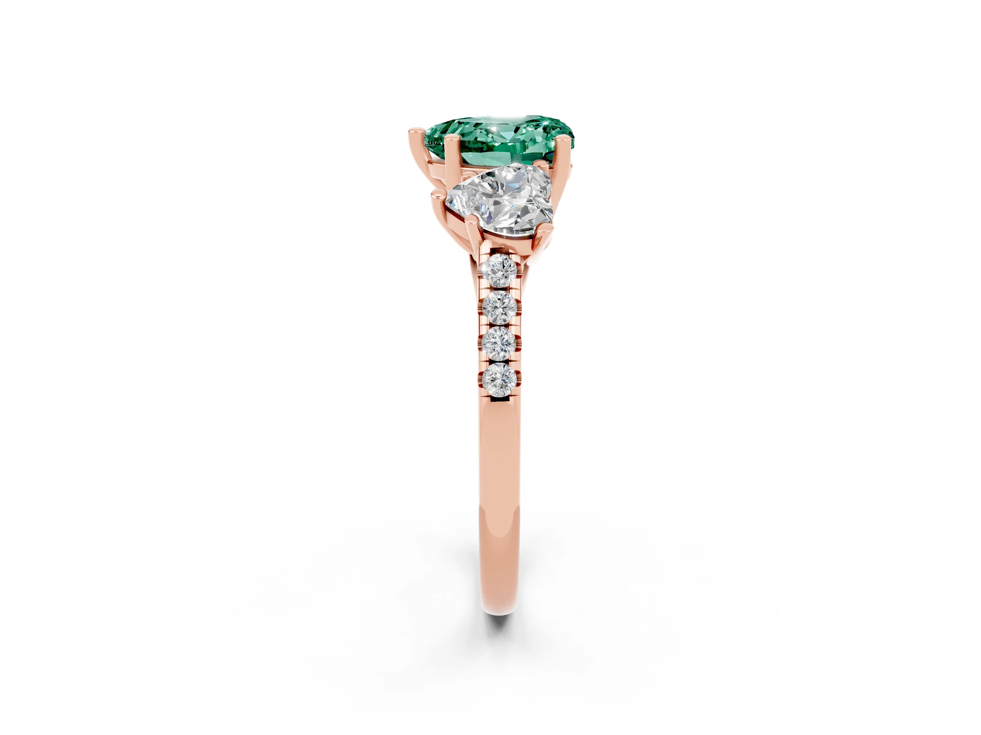 Rose gold Three-Stone Heart Cut Green Sapphire Ring with Pavé Band and Prong Setting_14
