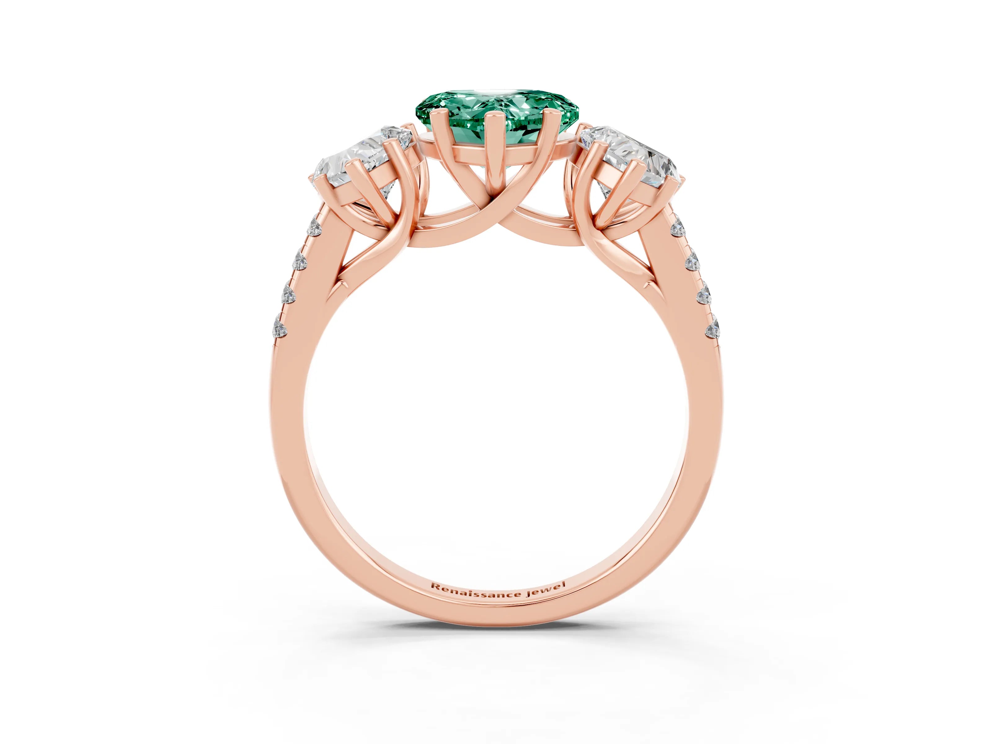Rose gold Three-Stone Heart Cut Green Sapphire Ring with Pavé Band and Prong Setting_15