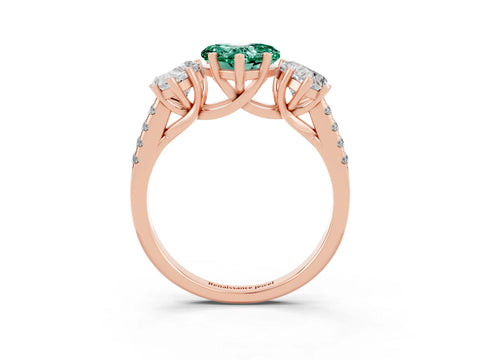 Rose gold Three-Stone Heart Cut Green Sapphire Ring with Pavé Band and Prong Setting_15