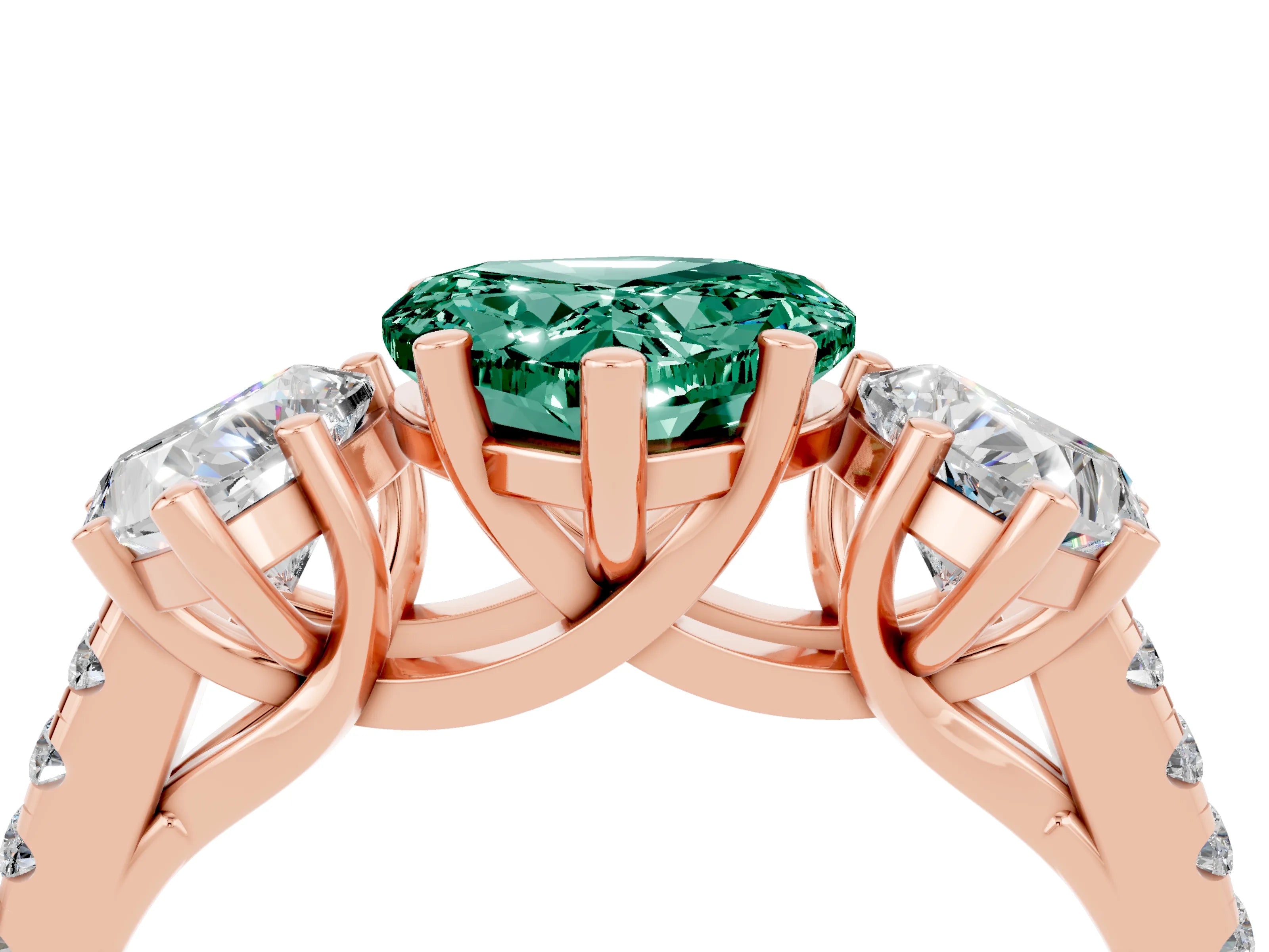 Rose gold Three-Stone Heart Cut Green Sapphire Ring with Pavé Band and Prong Setting_16