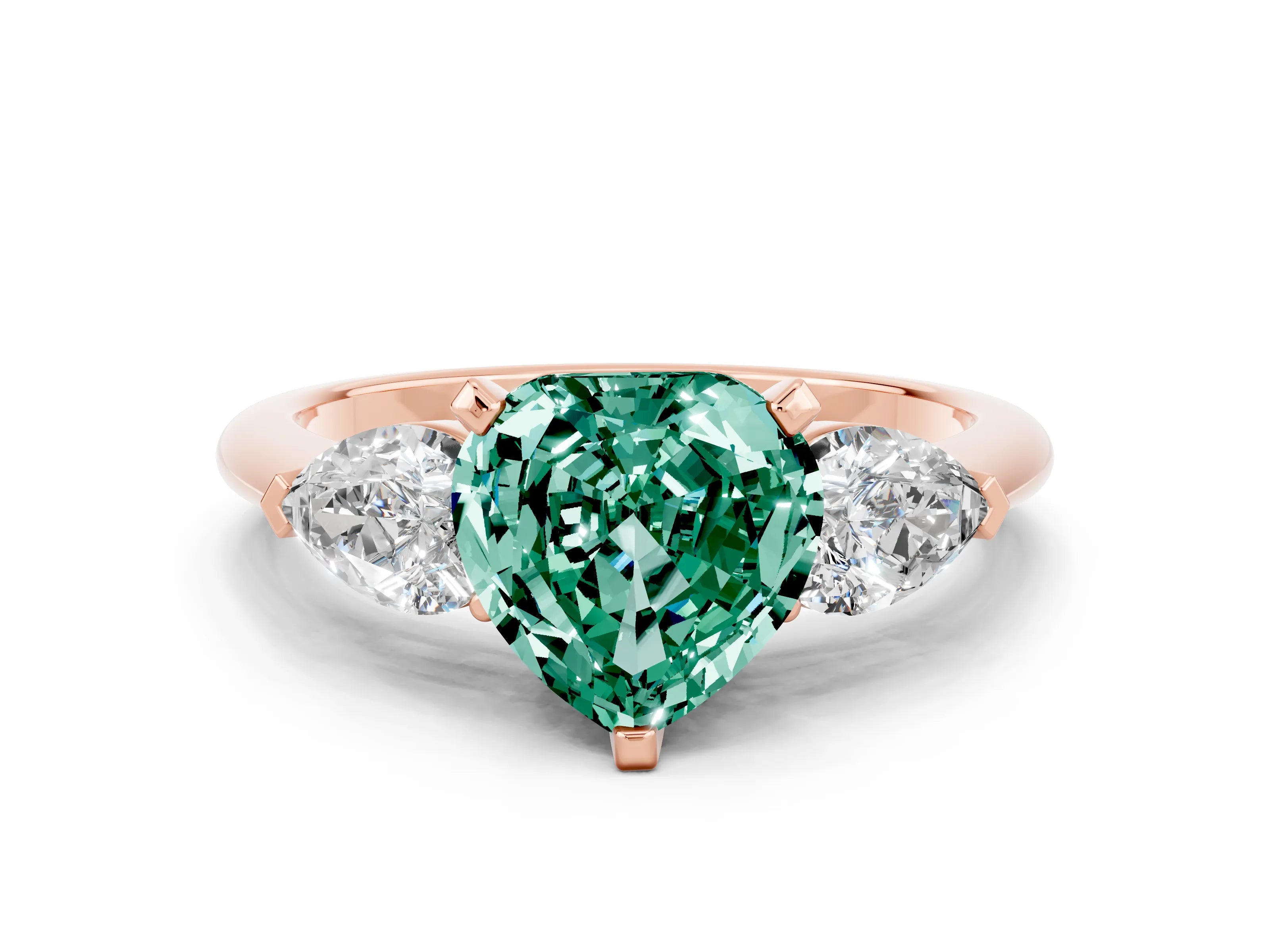 Rose gold Three-Stone Heart Cut Green Sapphire Ring with Pear Side Stones and Four-Prong Setting