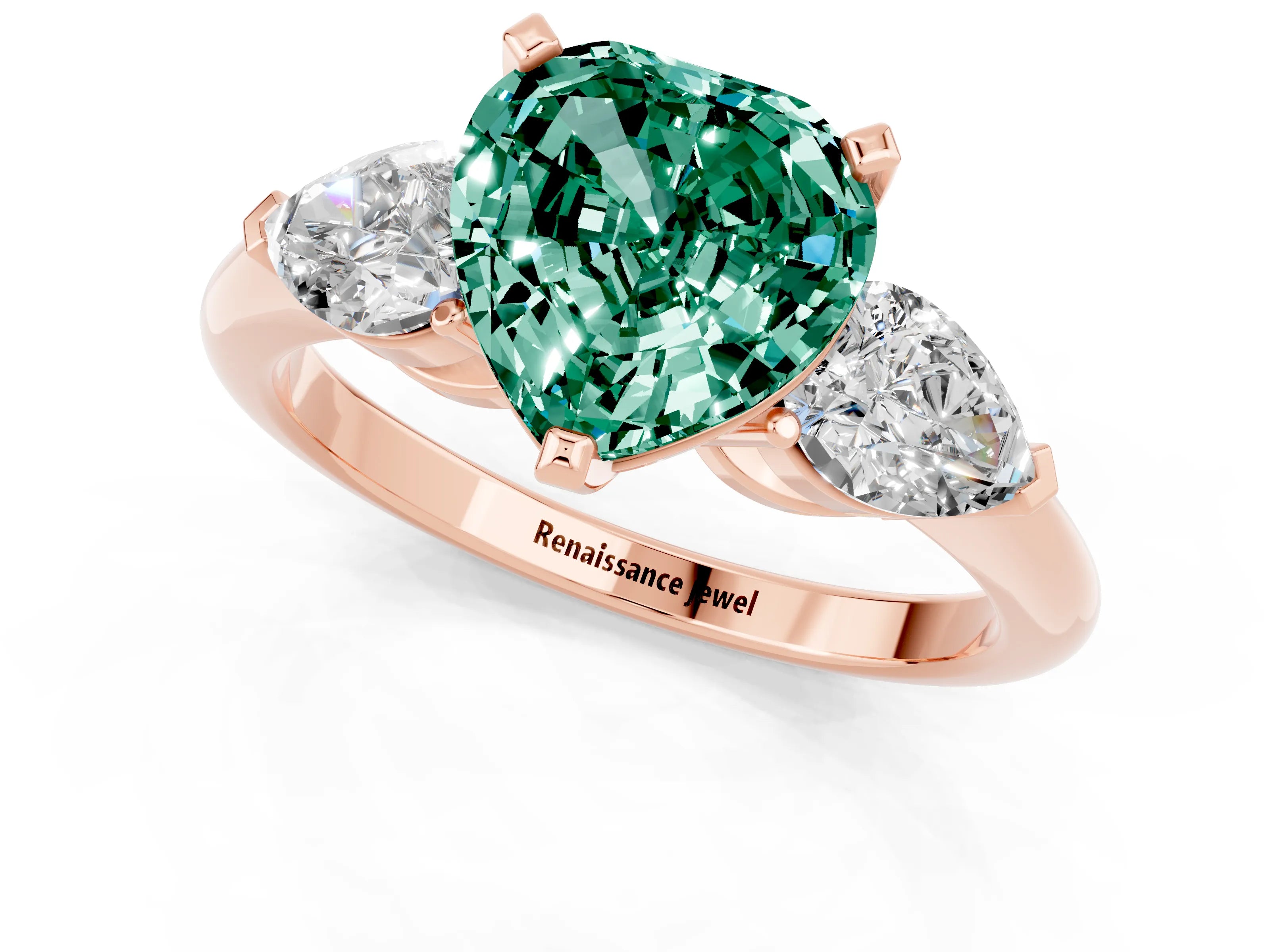 Rose gold Three-Stone Heart Cut Green Sapphire Ring with Pear Side Stones and Four-Prong Setting_1