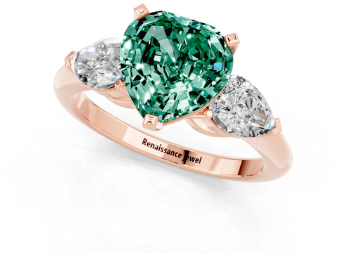 Rose gold Three-Stone Heart Cut Green Sapphire Ring with Pear Side Stones and Four-Prong Setting_1