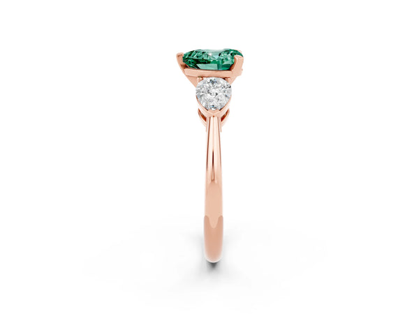 Rose gold Three-Stone Heart Cut Green Sapphire Ring with Pear Side Stones and Four-Prong Setting