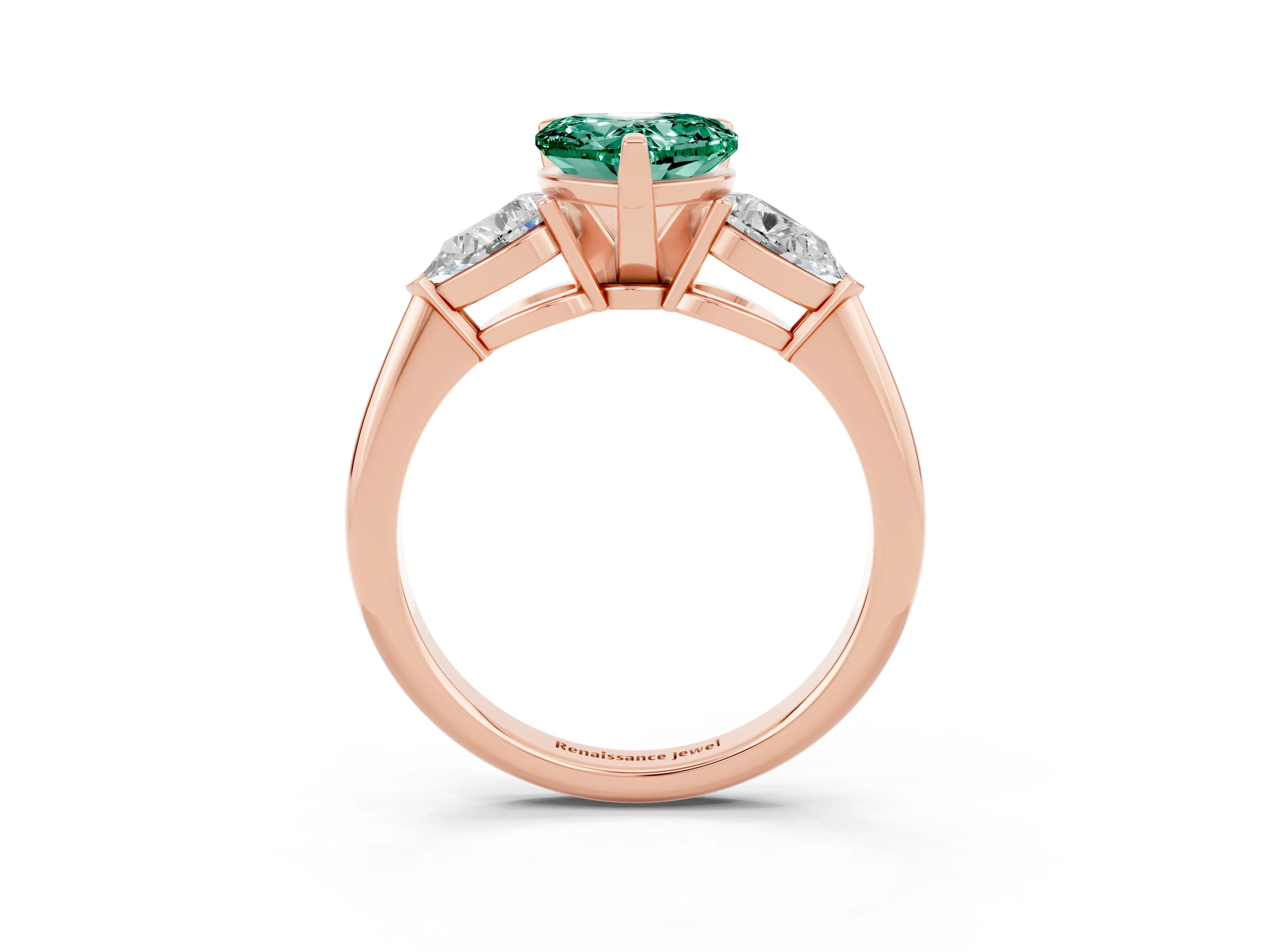 Rose gold Three-Stone Heart Cut Green Sapphire Ring with Pear Side Stones and Four-Prong Setting_3