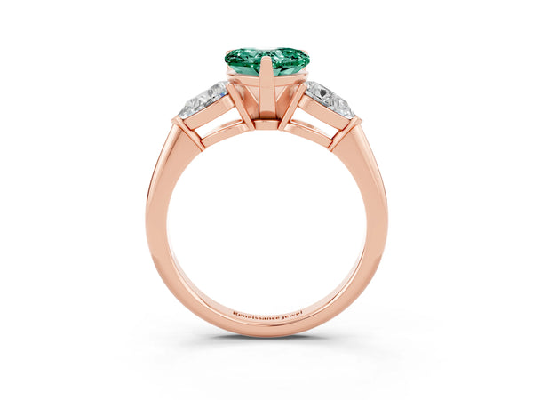 Rose gold Three-Stone Heart Cut Green Sapphire Ring with Pear Side Stones and Four-Prong Setting