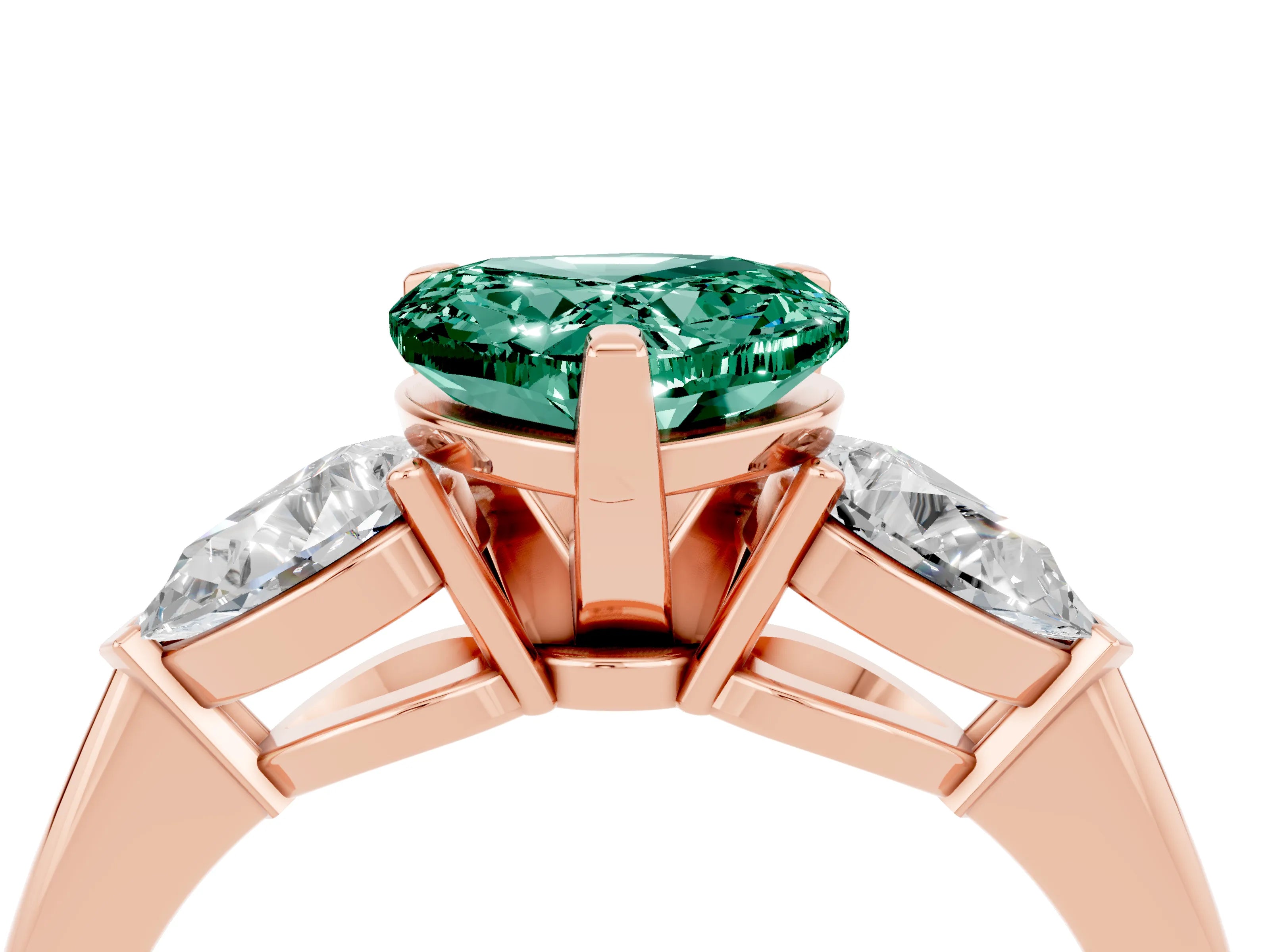 Rose gold Three-Stone Heart Cut Green Sapphire Ring with Pear Side Stones and Four-Prong Setting_4