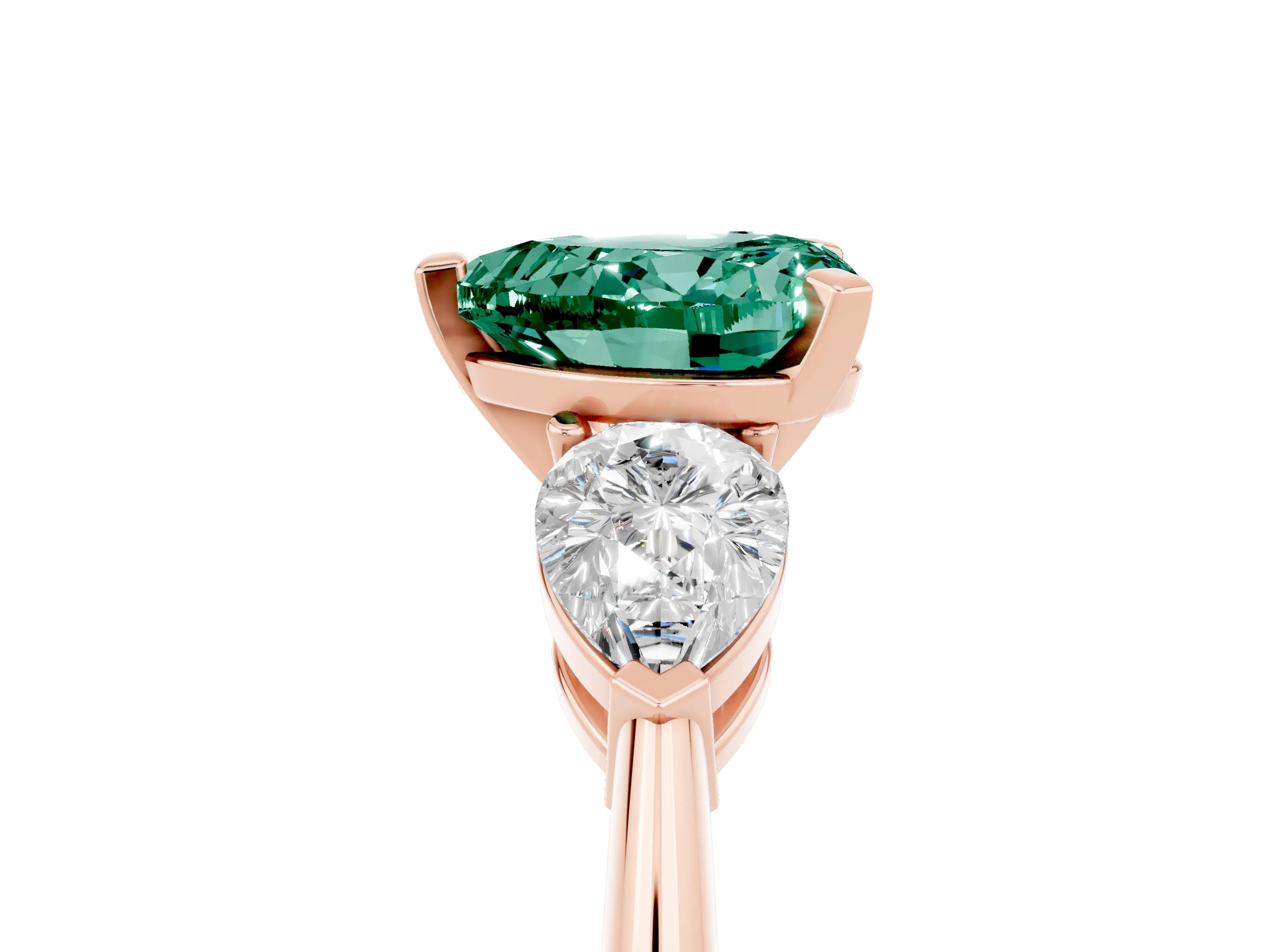 Rose gold Three-Stone Heart Cut Green Sapphire Ring with Pear Side Stones and Four-Prong Setting_5
