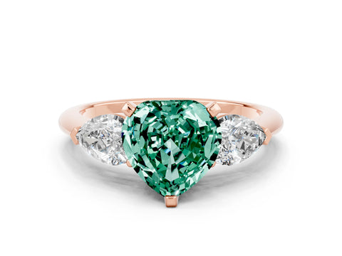 Rose gold Three-Stone Heart Cut Green Sapphire Ring with Pear Side Stones and Four-Prong Setting