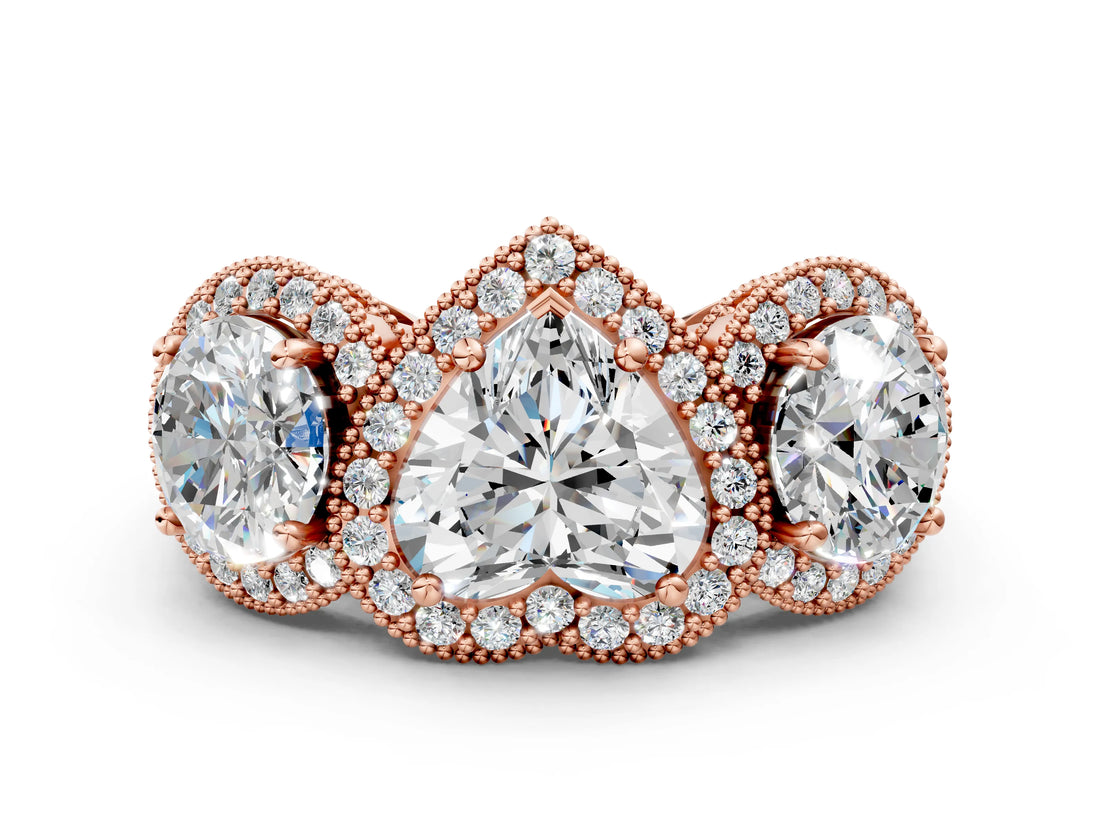 Rose gold Three-Stone Heart Cut Halo Diamond Milgrain Band with Four-Prong Setting_3