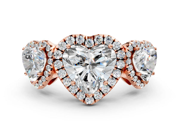 Rose gold Three-Stone Heart Cut Halo Diamond Ring with Pave Band and Four-Prong Setting