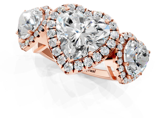 Rose gold Three-Stone Heart Cut Halo Diamond Ring with Pave Band and Four-Prong Setting