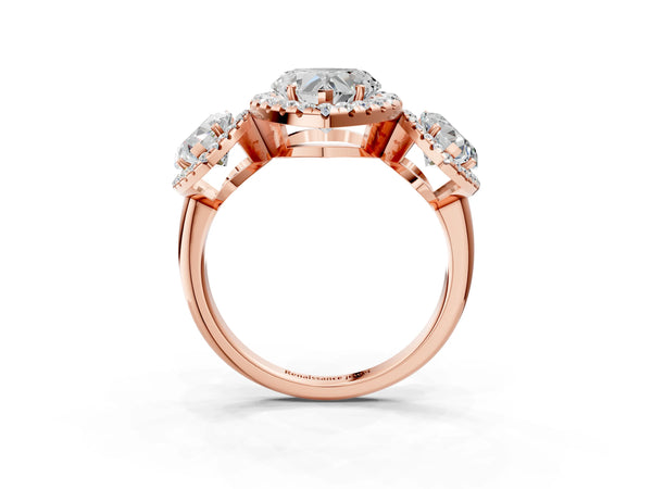Rose gold Three-Stone Heart Cut Halo Diamond Ring with Pave Band and Four-Prong Setting