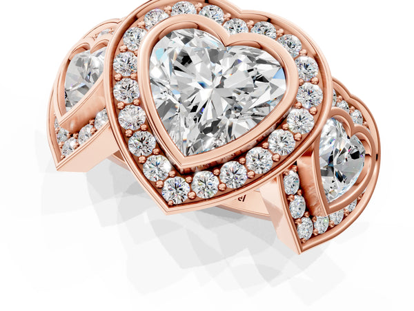 Rose Gold Heart-Shaped Bezel Three Stone Halo Engagement Ring Setting with Pave Shoulders
