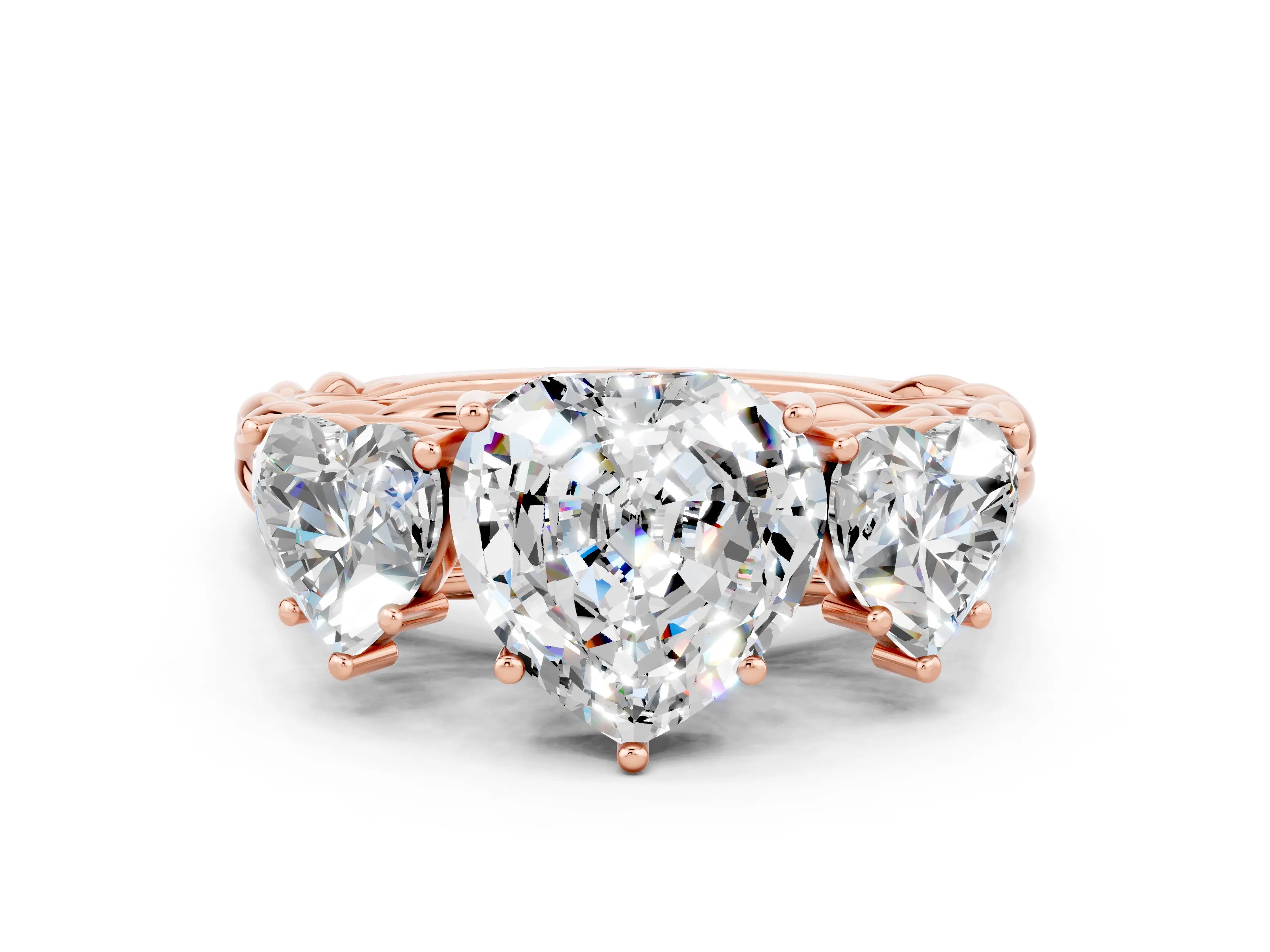 Rose gold Three-Stone Heart Cut Moissanite Braided Band Ring with Four-Prong Setting_12