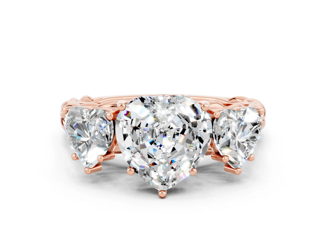 Rose gold Three-Stone Heart Cut Moissanite Braided Band Ring with Four-Prong Setting_12