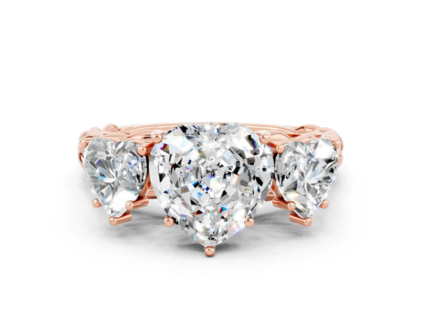Rose gold Three-Stone Heart Cut Moissanite Braided Band Ring with Four-Prong Setting
