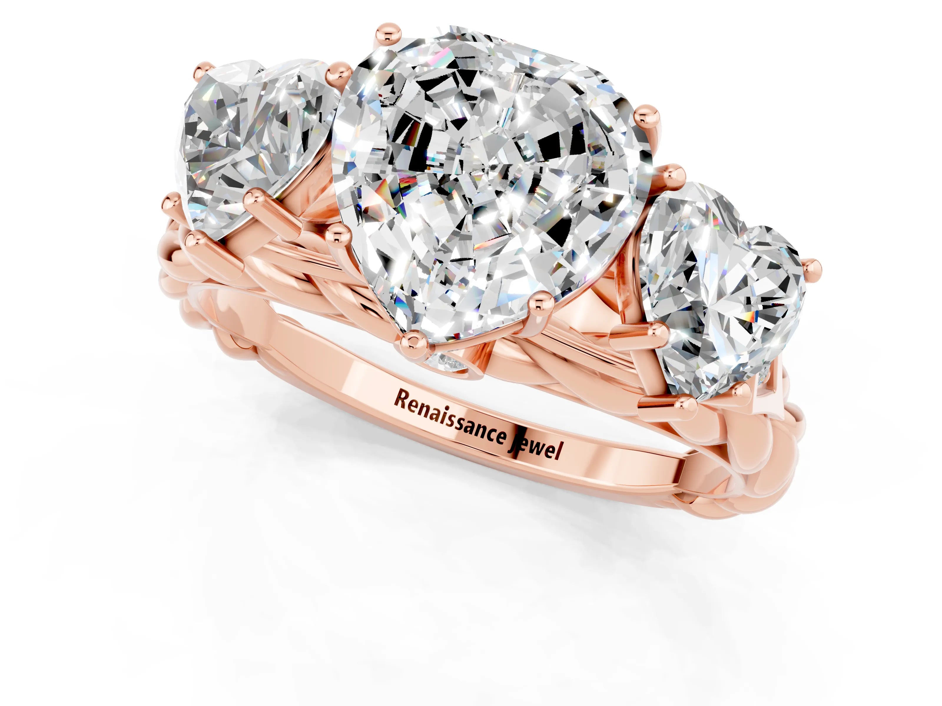 Rose gold Three-Stone Heart Cut Moissanite Braided Band Ring with Four-Prong Setting_13