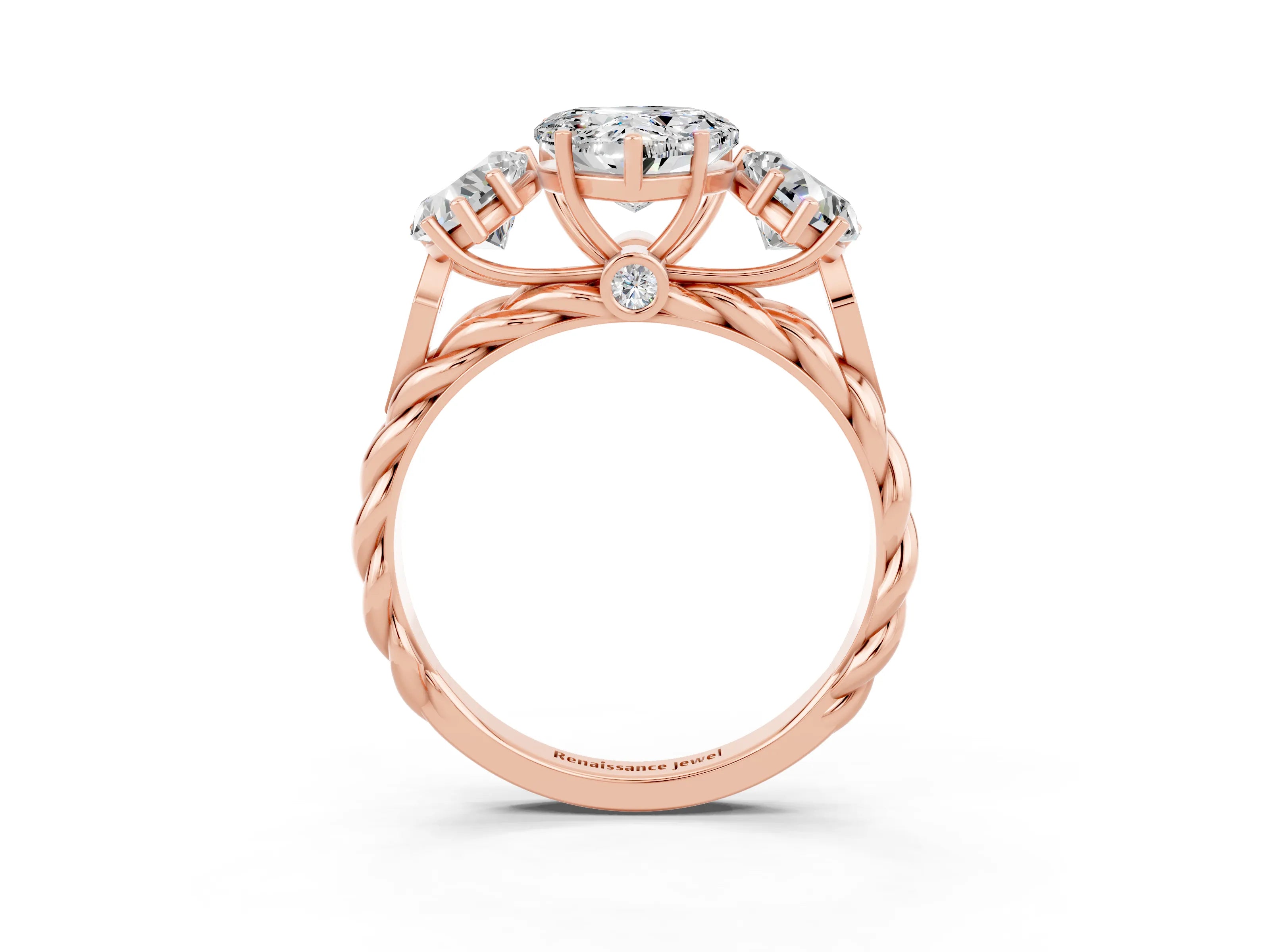Rose gold Three-Stone Heart Cut Moissanite Braided Band Ring with Four-Prong Setting_15