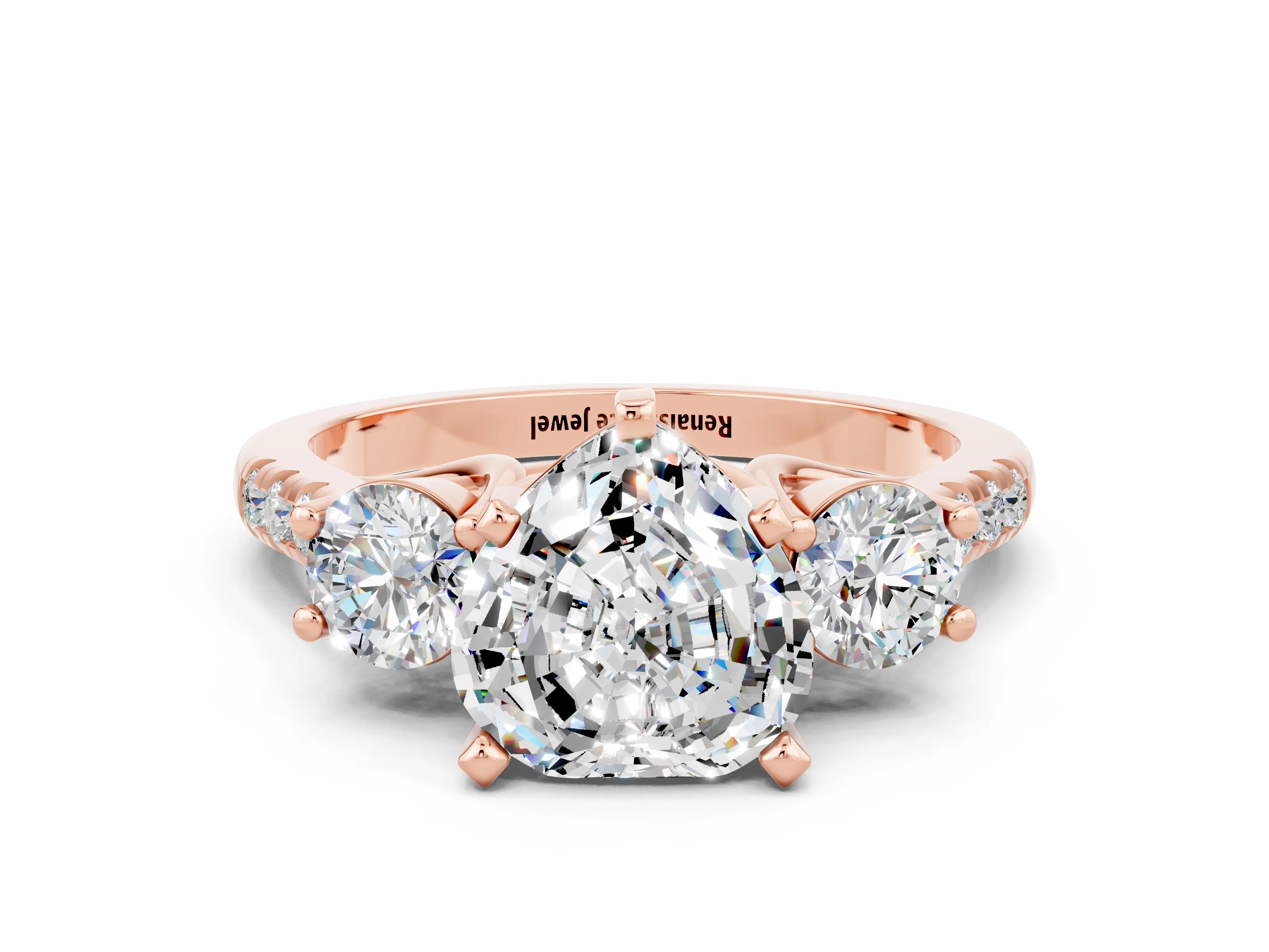 Rose gold Three-Stone Heart Cut Moissanite Pavé Band with Four-Prong Setting