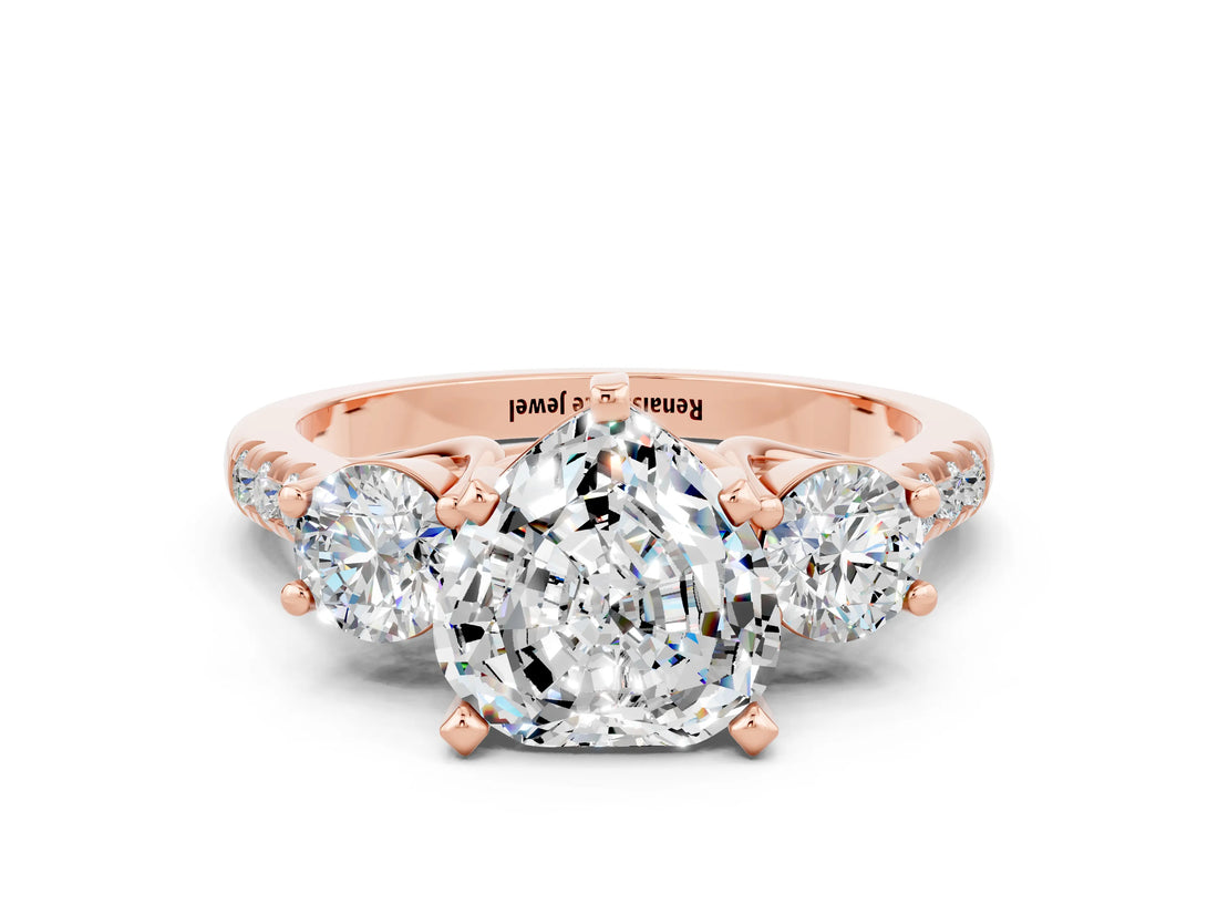 Rose gold Three-Stone Heart Cut Moissanite Pavé Band with Four-Prong Setting