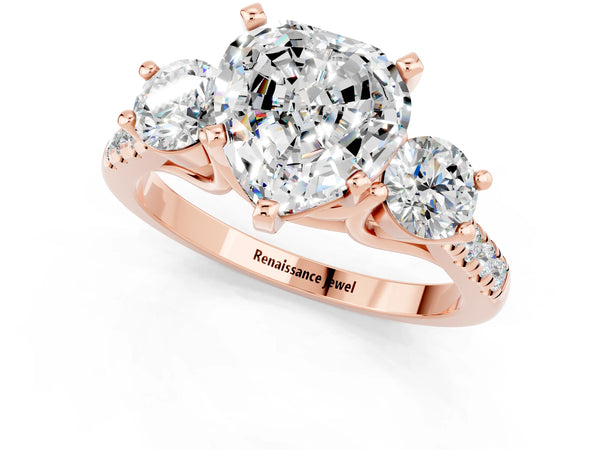 Rose gold Three-Stone Heart Cut Moissanite Pavé Band with Four-Prong Setting