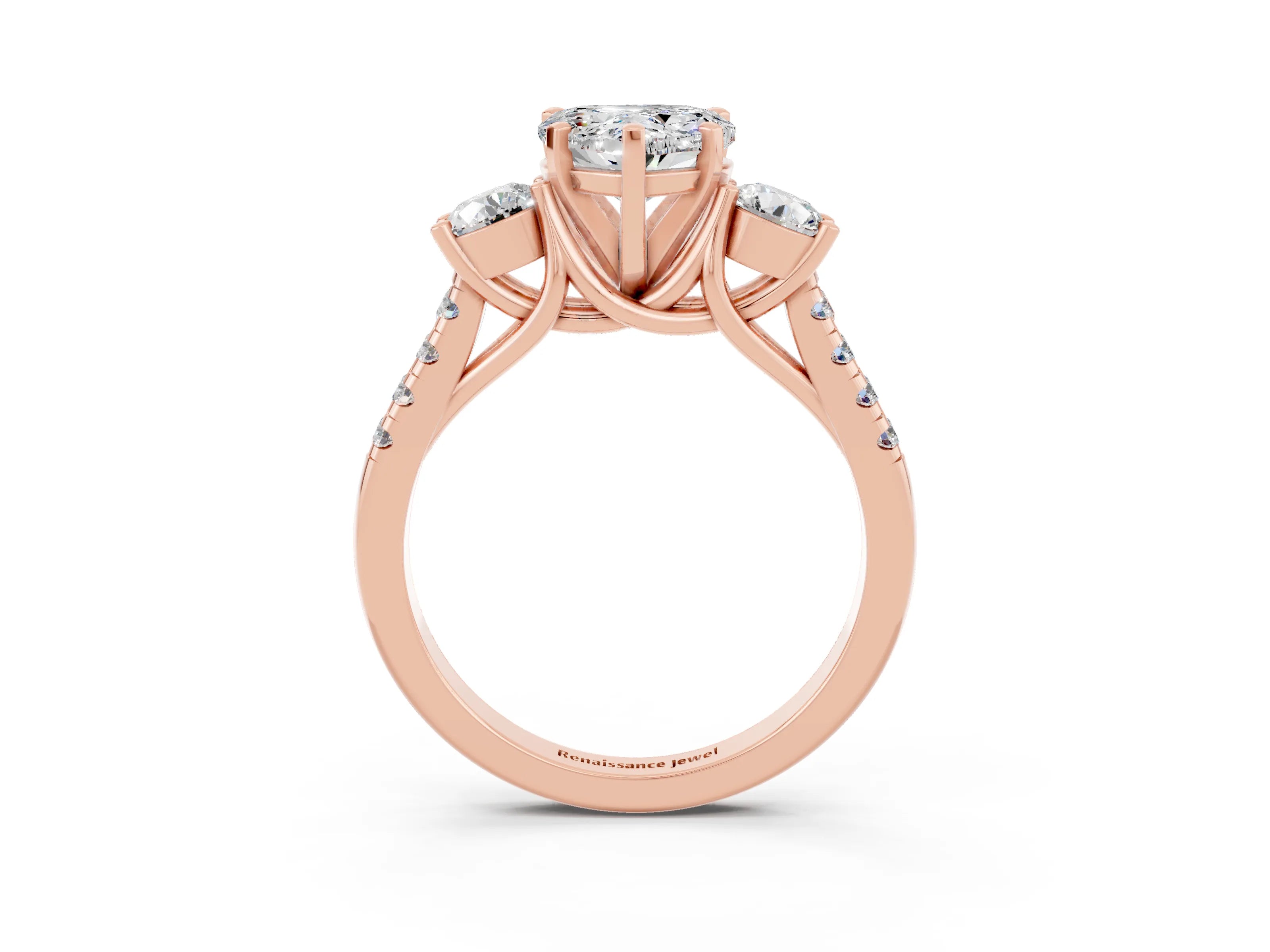 Rose gold Three-Stone Heart Cut Moissanite Pavé Band with Four-Prong Setting_3