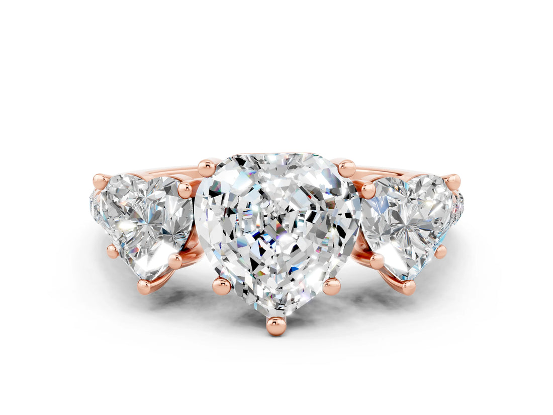 Rose gold Three-Stone Heart Cut Moissanite Ring with Pavé Band and Prong Setting_12