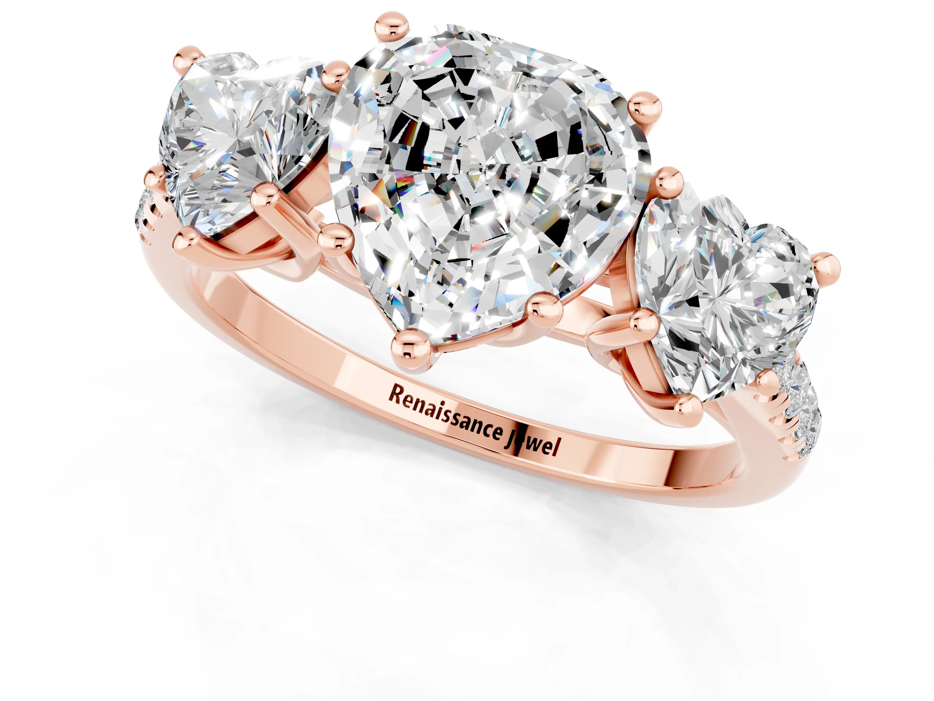 Rose gold Three-Stone Heart Cut Moissanite Ring with Pavé Band and Prong Setting_13