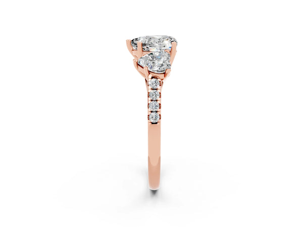 Rose gold Three-Stone Heart Cut Moissanite Ring with Round  Pavé Band and Prong Setting