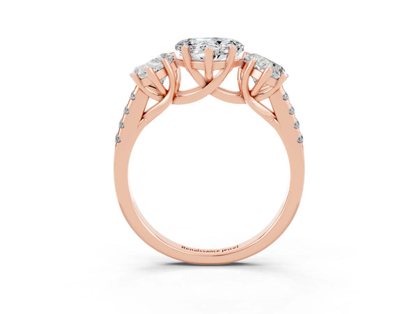 Rose gold Three-Stone Heart Cut Moissanite Ring with Round  Pavé Band and Prong Setting