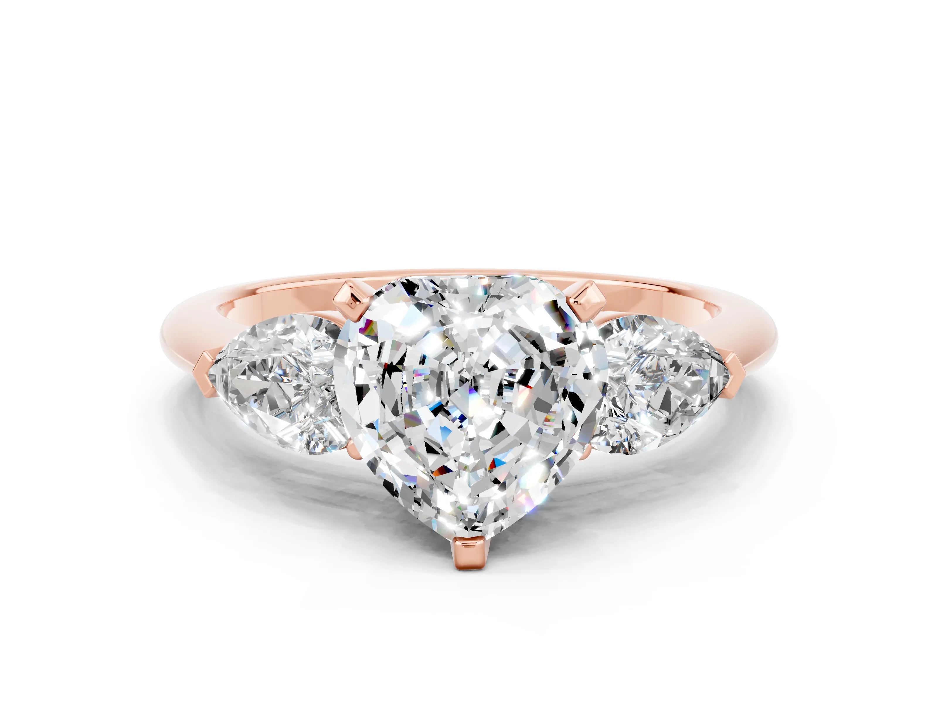 Rose gold Three-Stone Heart Cut Moissanite Ring with Pear Side Stones and Four-Prong Setting