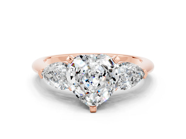 Rose gold Three-Stone Heart Cut Moissanite Ring with Pear Side Stones and Four-Prong Setting