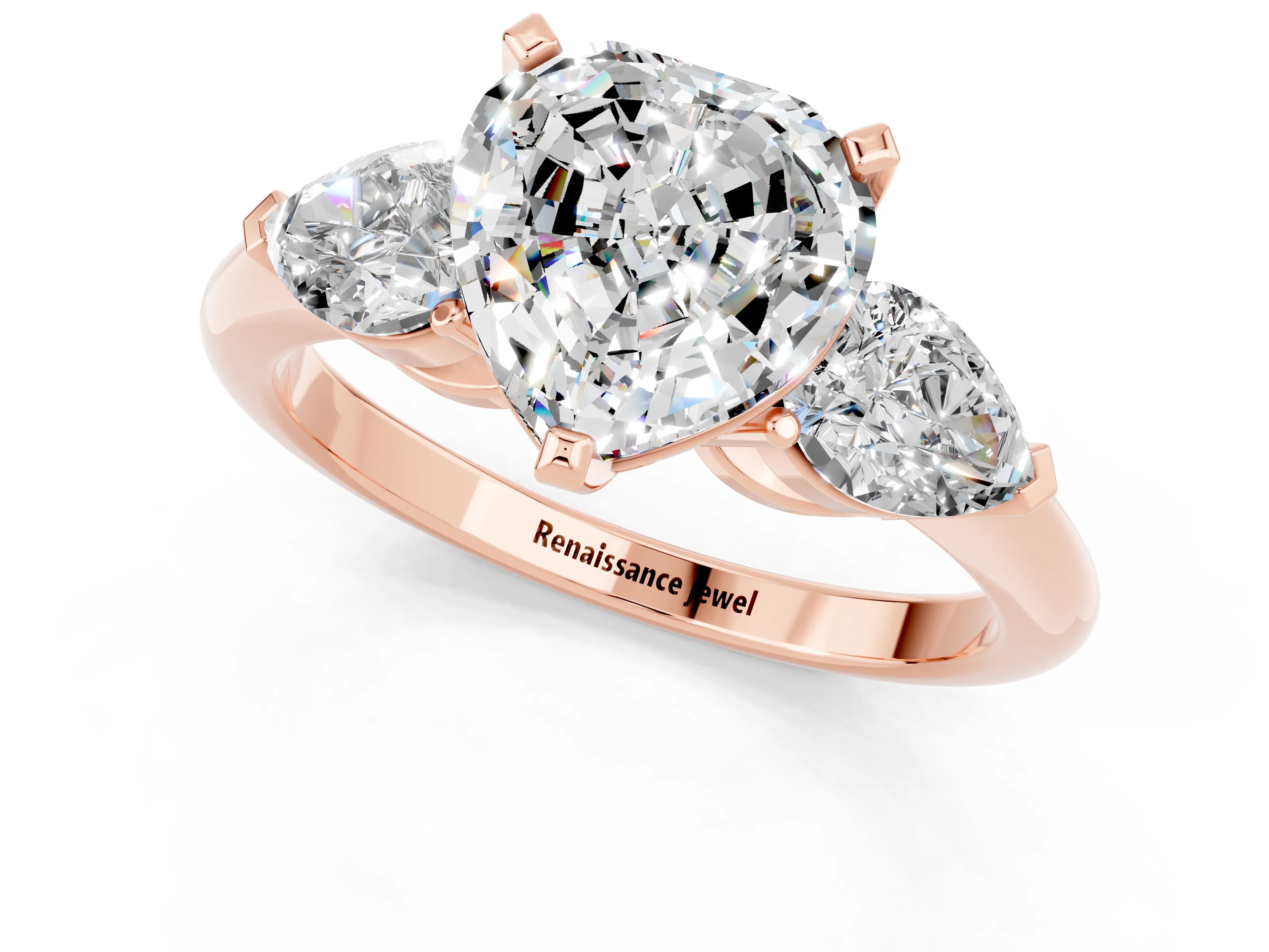 Rose gold Three-Stone Heart Cut Moissanite Ring with Pear Side Stones and Four-Prong Setting_1