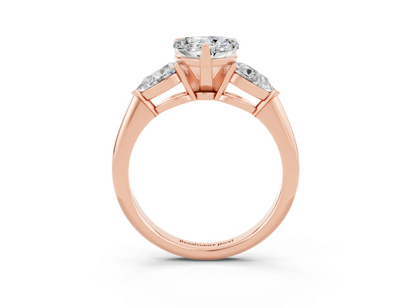 Rose gold Three-Stone Heart Cut Moissanite Ring with Pear Side Stones and Four-Prong Setting