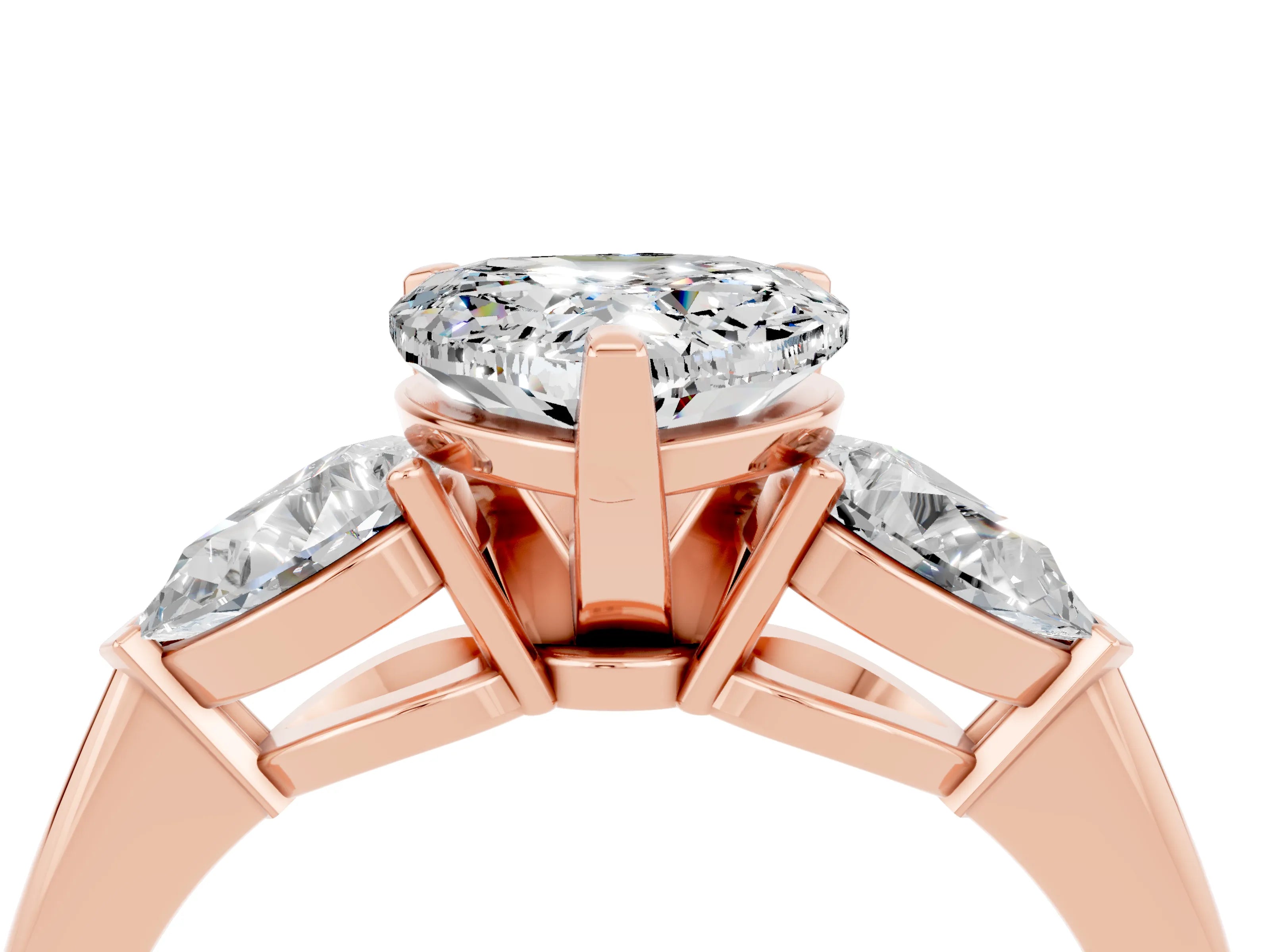 Rose gold Three-Stone Heart Cut Moissanite Ring with Pear Side Stones and Four-Prong Setting_4