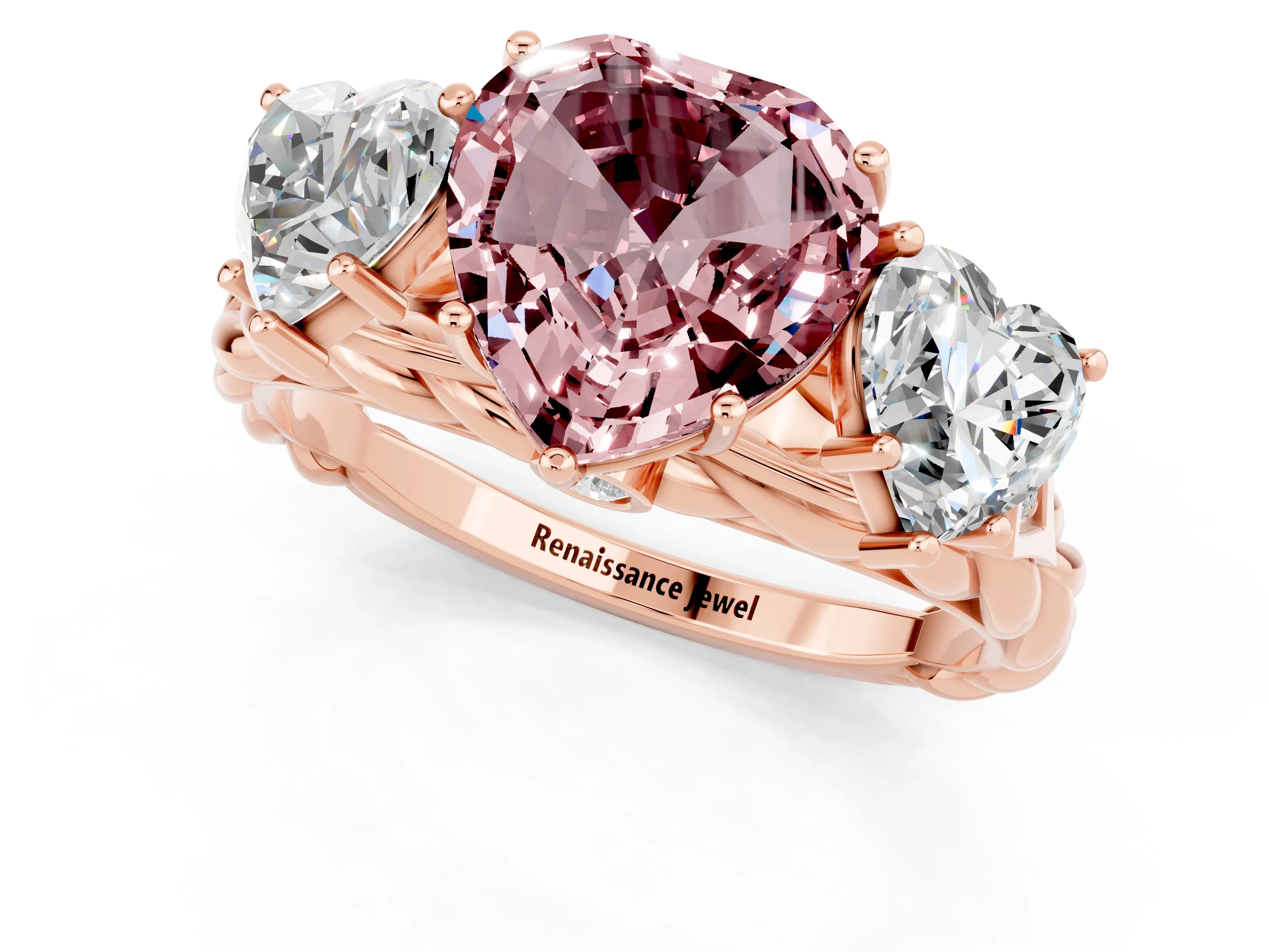 Rose gold Three-Stone Heart Cut Morganite Braided Band Ring with Four-Prong Setting_13
