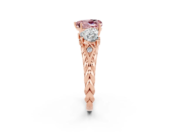 Rose gold Three-Stone Heart Cut Morganite Braided Band Ring with Four-Prong Setting