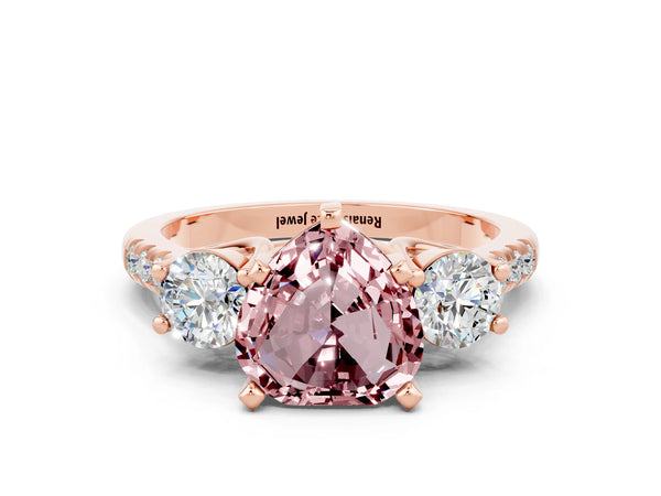 Rose gold Three-Stone Heart Cut Morganite Pavé Band with Four-Prong Setting