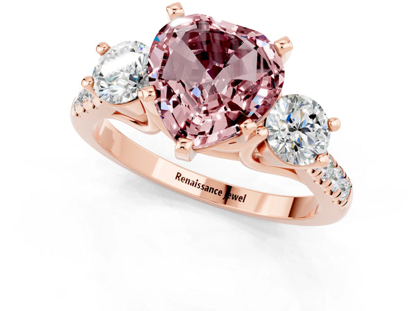 Rose gold Three-Stone Heart Cut Morganite Pavé Band with Four-Prong Setting