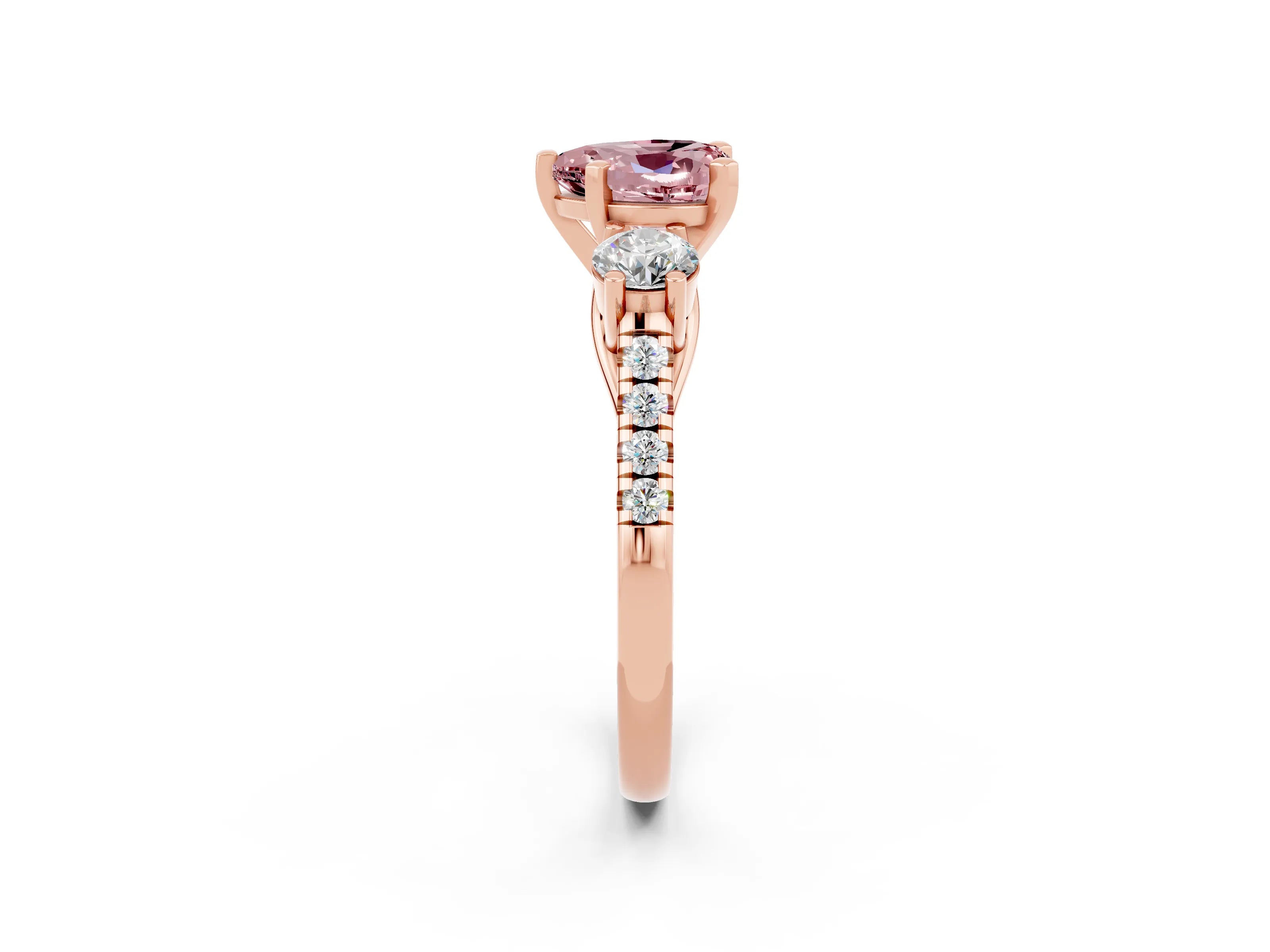 Rose gold Three-Stone Heart Cut Morganite Pavé Band with Four-Prong Setting_2