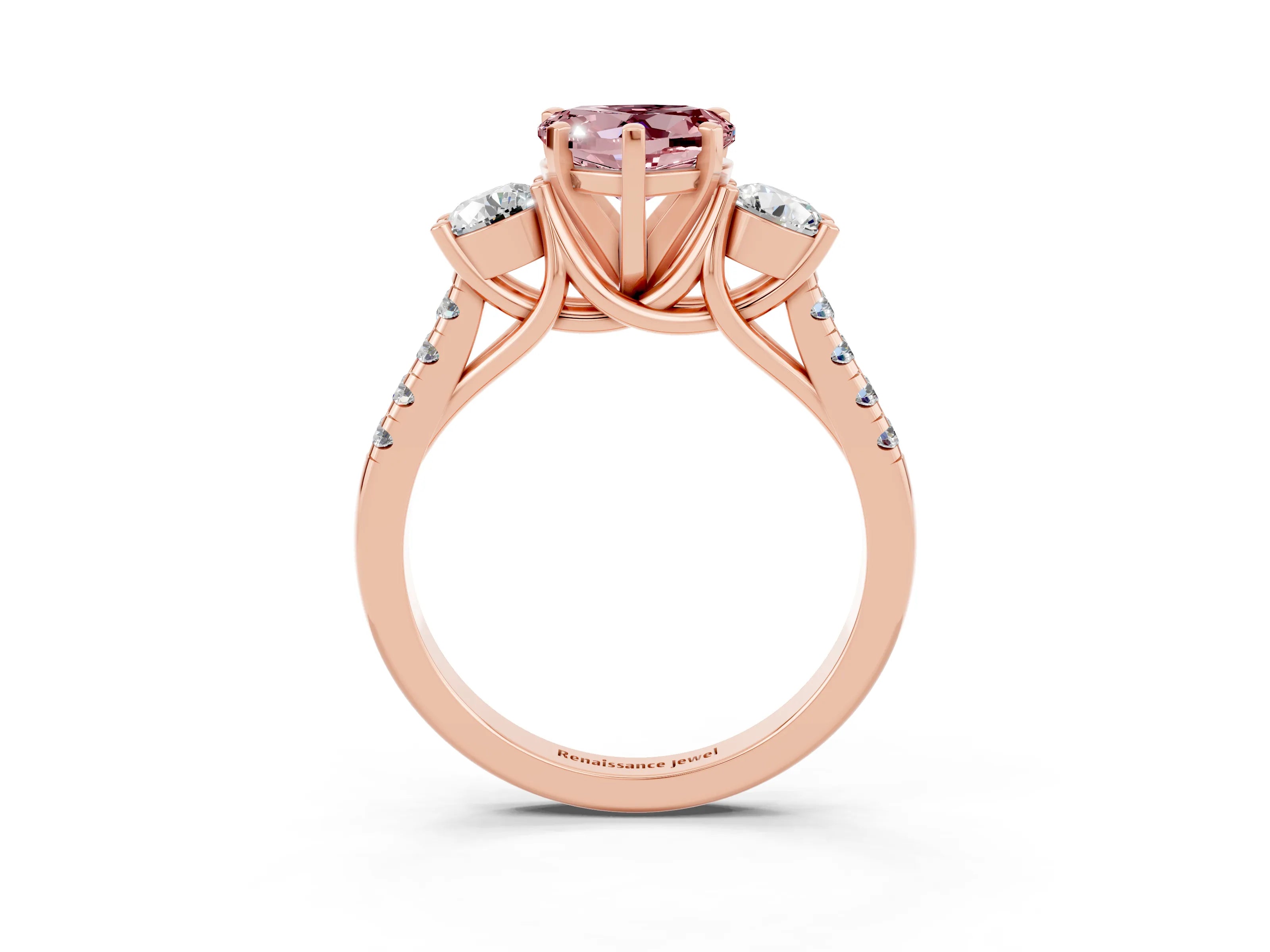Rose gold Three-Stone Heart Cut Morganite Pavé Band with Four-Prong Setting_3