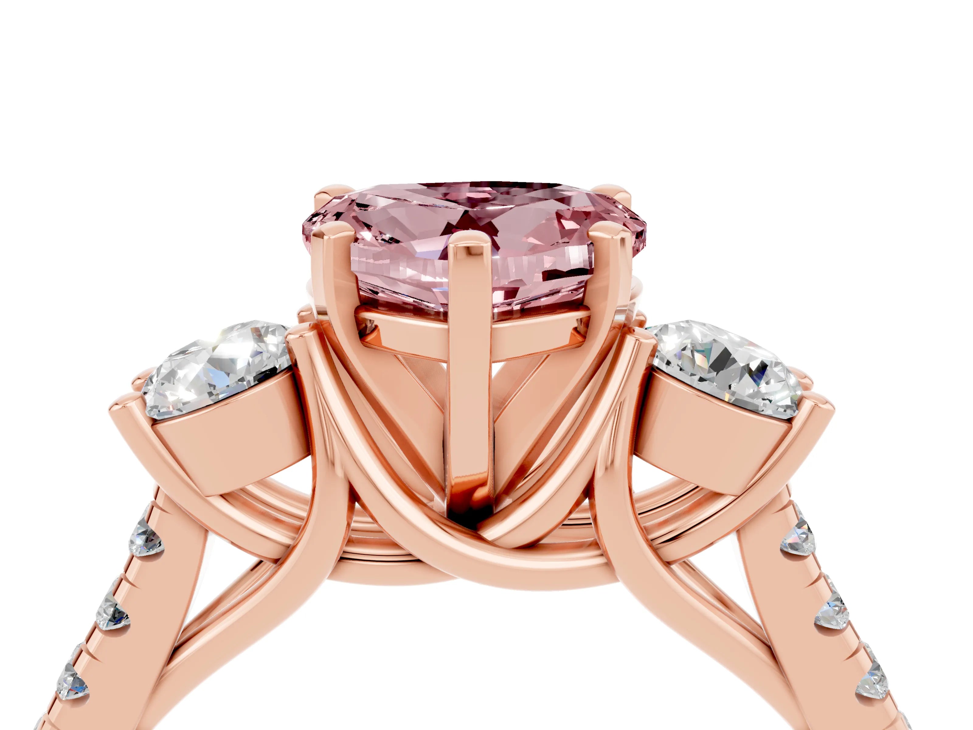 Rose gold Three-Stone Heart Cut Morganite Pavé Band with Four-Prong Setting_4