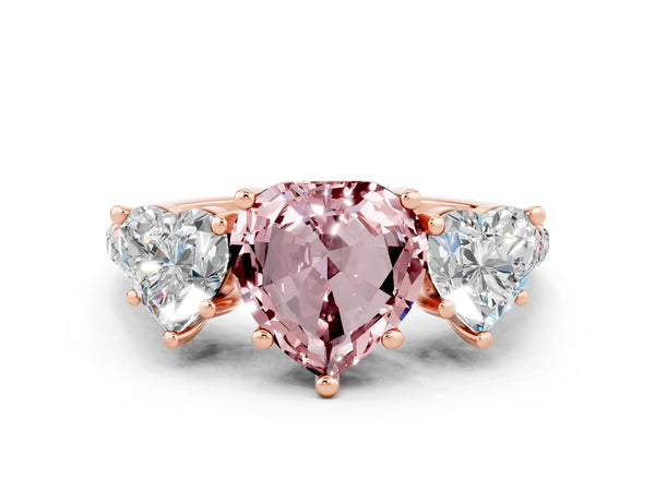 Rose gold Three-Stone Heart Cut Morganite Ring with Round  Pavé Band and Prong Setting