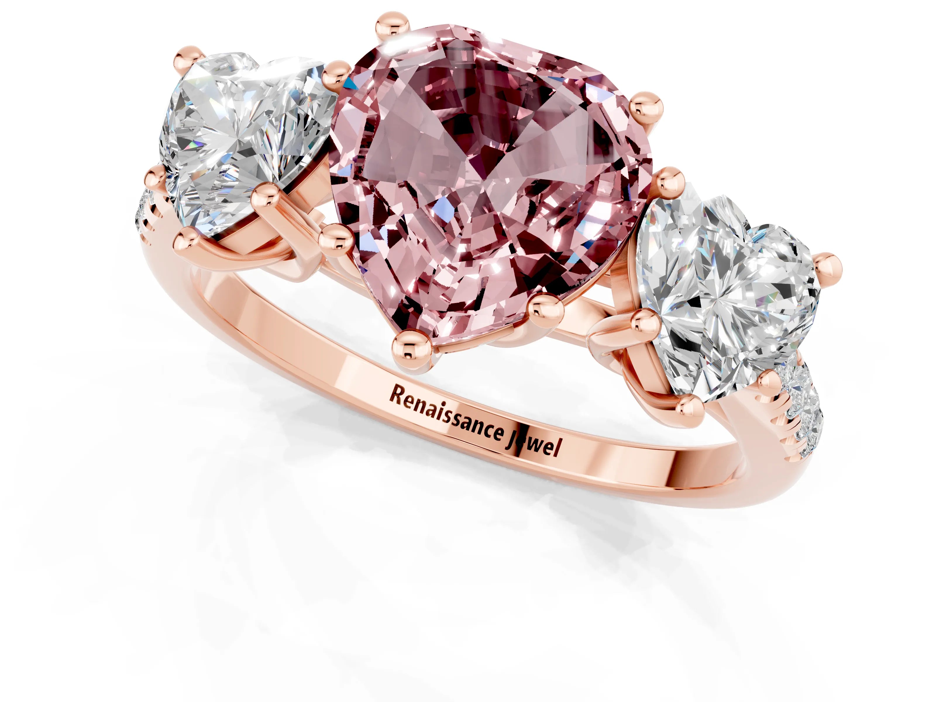 Rose gold Three-Stone Heart Cut Morganite Ring with Pavé Band and Prong Setting_13