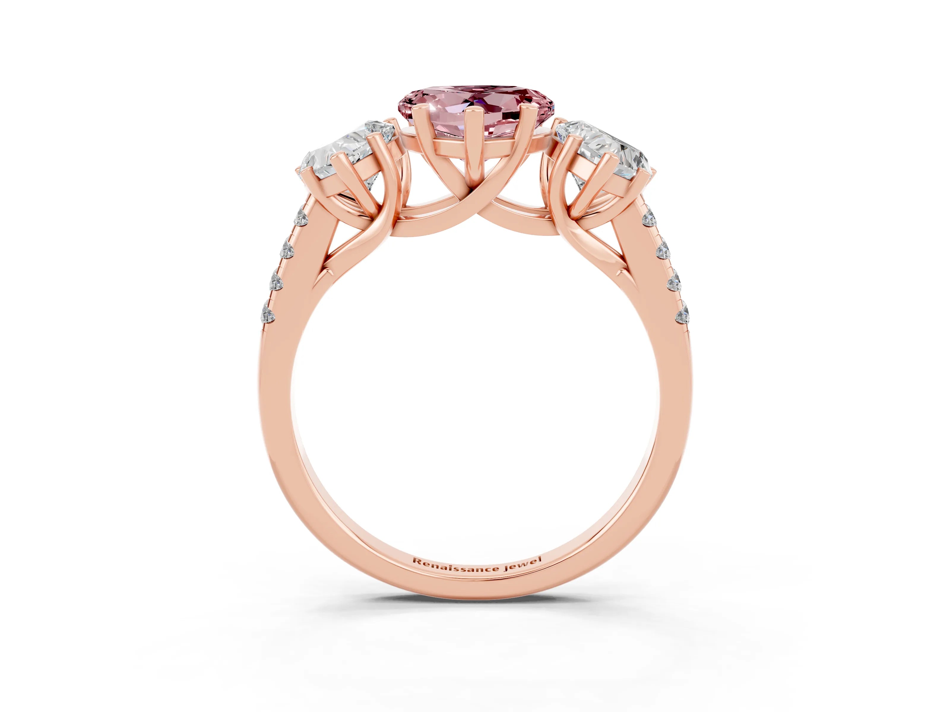 Rose gold Three-Stone Heart Cut Morganite Ring with Pavé Band and Prong Setting_15