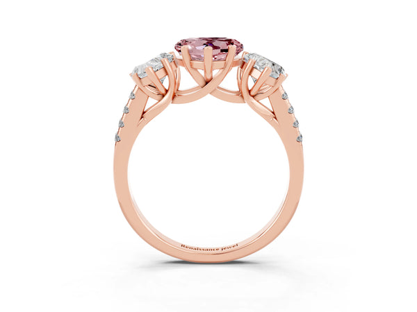 Rose gold Three-Stone Heart Cut Morganite Ring with Round  Pavé Band and Prong Setting