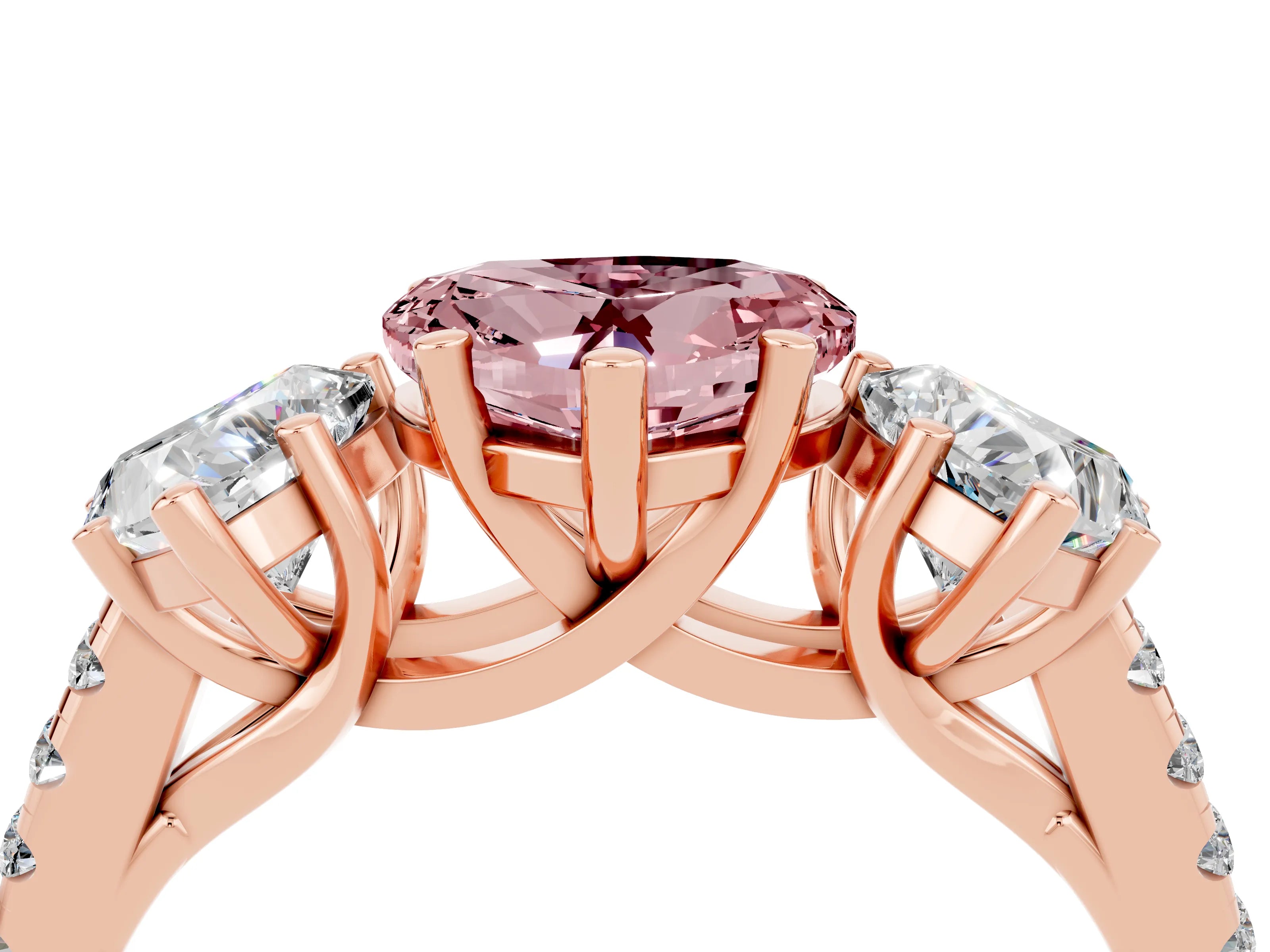Rose gold Three-Stone Heart Cut Morganite Ring with Pavé Band and Prong Setting_16